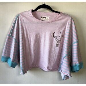 Rowdy Reworks Pink Blue Striped Cowgirl Graphic Cropped Top Medium